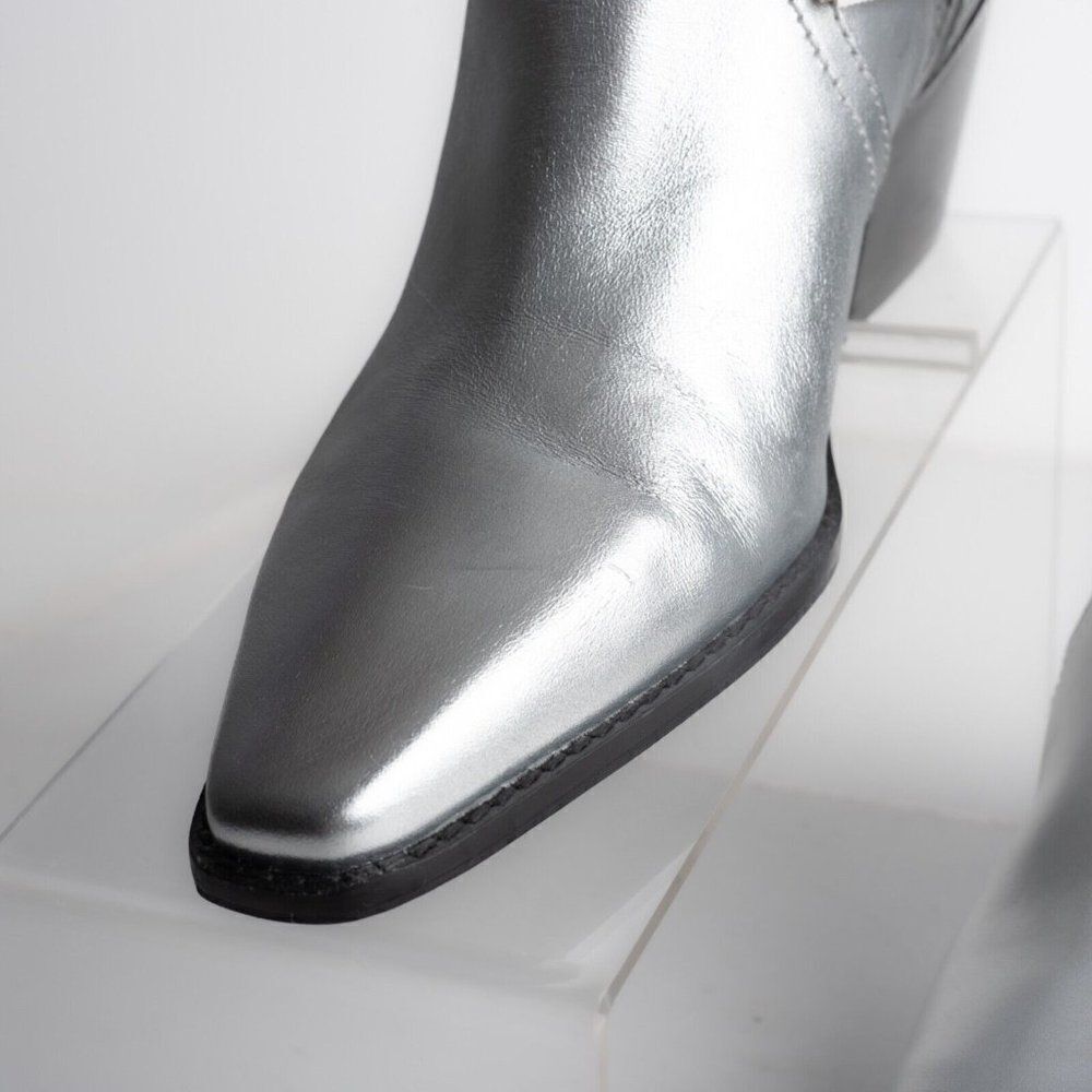 Zara Womens Metallic Silver Cowboy Leather Ankle Boots Western US 6.5 EU 37 NWT - Picture 6 of 11